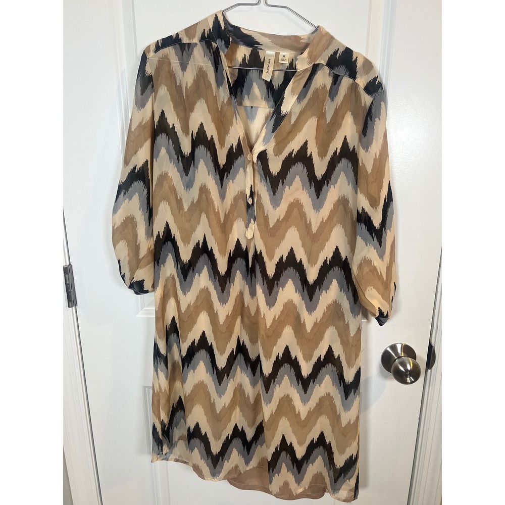 Tacera Womens Tunic Dress Chevron Ikat‎ Roll Tab Sleeve Tan Brown Black Size M
